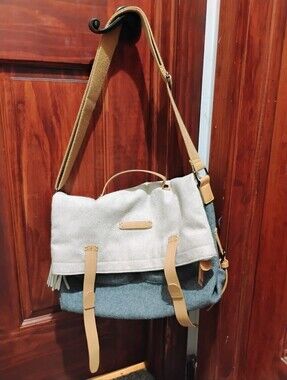 Sherpani "Petra" Canvas and Leather Messenger Bag in Light Gray and Tan